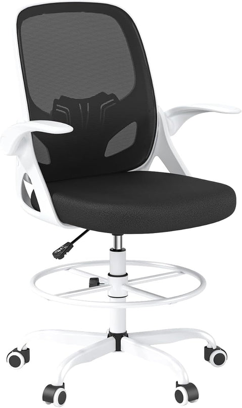 Drafting Chair Tall Office Chair for Standing Desk Adjustable Tall Desk Chair with Footrest Ring and Lumbar Support Ergonomic Computer Chair with Flip-up Armrests (White) - LeafyLoom