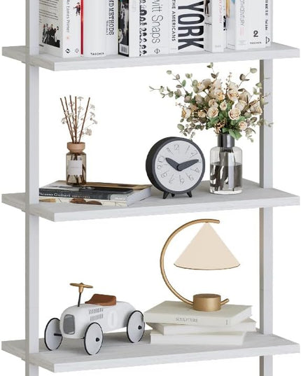 aboxoo Ladder Shelf White Wooden Bookshelf 5-Tier Wall-Mounted Open Wood Rack Industrial Modern Plant Flower Stand Utility Organizer Bookcase Metal Frame Furniture Office Kitchen Bedroom - LeafyLoom