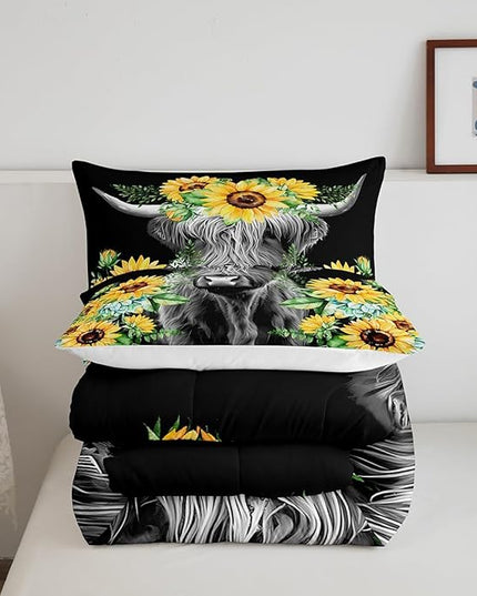 Highland Cow Bedding Set Kids Sunflower Floral Western Cow Bull Comforter Set for Girls Teens Farmhouse Wildlife Animal Comforter Black Duvet Set Room Decor Quilt Set Twin Size - LeafyLoom