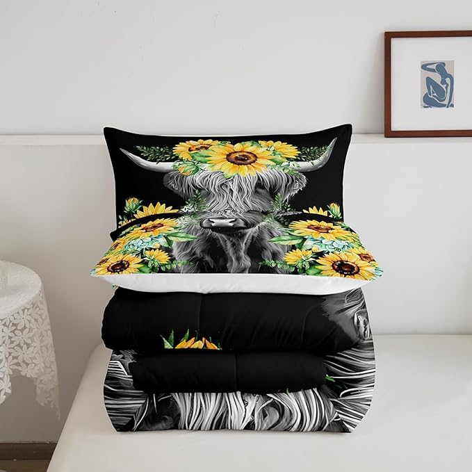 Highland Cow Bedding Set Kids Sunflower Floral Western Cow Bull Comforter Set for Girls Teens Farmhouse Wildlife Animal Comforter Black Duvet Set Room Decor Quilt Set Twin Size - LeafyLoom