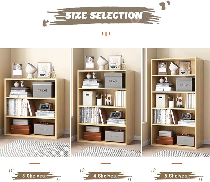Basic Open Shelf Bookcase - 3-Tier Wooden Cube Storage Shelves Split Bookshelf, Oak - LeafyLoom