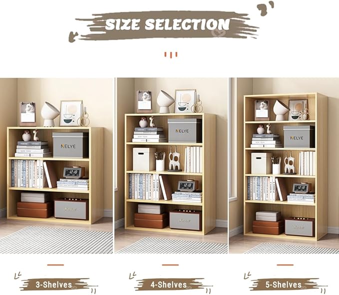 Basic Open Shelf Bookcase - 4-Tier Wooden Cube Storage Shelves Split Bookshelf, Oak - LeafyLoom