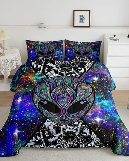 Trippy Alien Comforter Set King Size Kids Boys Galaxy Hippie Graffiti Bedding Set Psychedelic Alien Outer Space Comforter Purple Trippy Room Decor Bohemian Alien Quilted Bed Sets for Adults Men Boys - LeafyLoom