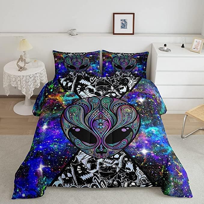 Trippy Alien Comforter Set King Size Kids Boys Galaxy Hippie Graffiti Bedding Set Psychedelic Alien Outer Space Comforter Purple Trippy Room Decor Bohemian Alien Quilted Bed Sets for Adults Men Boys - LeafyLoom