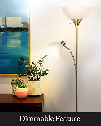 Brightech Sky Dome Plus LED Floor lamp, Torchiere Super Bright Floor Lamp with Reading Lamp for Living Rooms & Offices - Dimmable Tall Standing Lamp for Bedroom Reading - Gold Brass - LeafyLoom