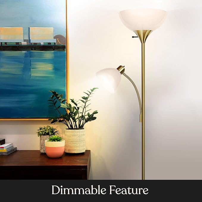 Brightech Sky Dome Plus LED Floor lamp, Torchiere Super Bright Floor Lamp with Reading Lamp for Living Rooms & Offices - Dimmable Tall Standing Lamp for Bedroom Reading - Gold Brass - LeafyLoom