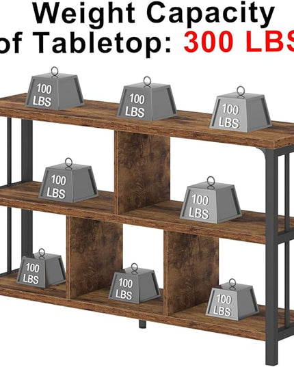 IBF Farmhouse 3 Tier Open Book Shelf, Wood and Metal 5 Cube Storage Organizer, Modern Low Horizontal Bookshelf for Bedroom Living, Long Wide Office Cubby Bookcase with Storage, Rustic Brown, 47 Inch - LeafyLoom