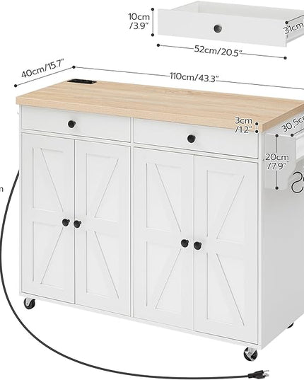 HOOBRO 43.3 Inch Kitchen Island with Charging Station, Rolling Kitchen Island with Storage, Kitchen Island Cart with Spice Rack and Hooks, for Kitchen, Living Room, White and Natural WN11UZD01 - LeafyLoom