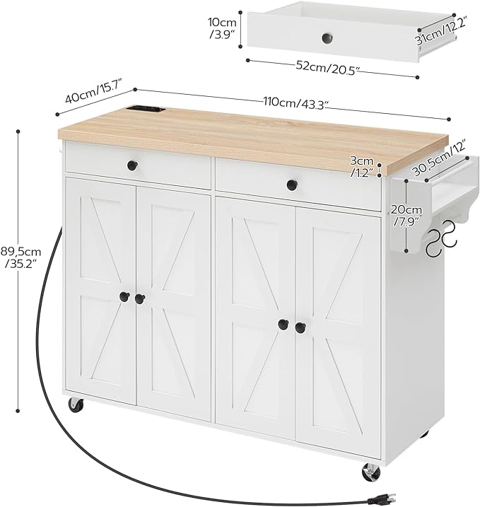 HOOBRO 43.3 Inch Kitchen Island with Charging Station, Rolling Kitchen Island with Storage, Kitchen Island Cart with Spice Rack and Hooks, for Kitchen, Living Room, White and Natural WN11UZD01 - LeafyLoom