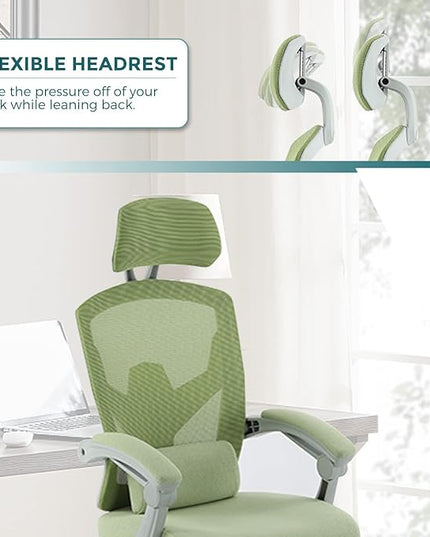 edx Ergonomic Office Chair, Reclining High Back Mesh Computer Desk Swivel Rolling Home Task Chair with Lumbar Support Pillow, Adjustable Headrest, Retractable Footrest and Padded Armrests, Green - LeafyLoom