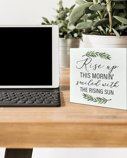 Home Office Desk Wooden Box Sign Decor, Rise Up This Mornin' Smiled with The Rising Sun, Inspirational Quotes Desk Decor Motivational Desk Decorations for Women Men Student Office Classroom School - LeafyLoom