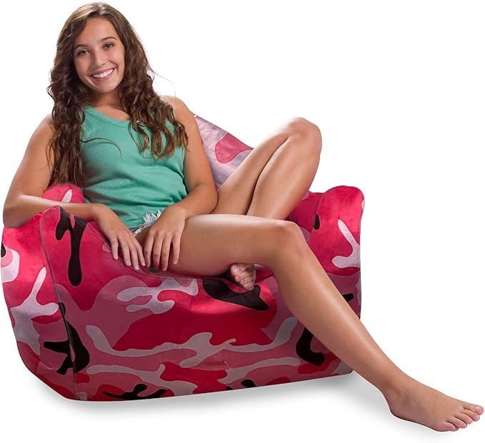 Posh Creations Structured Comfy Bean Bag Chair for Gaming, Reading and Watching TV, Malibu Lounge, Nylon - Camo Pink and Black - LeafyLoom