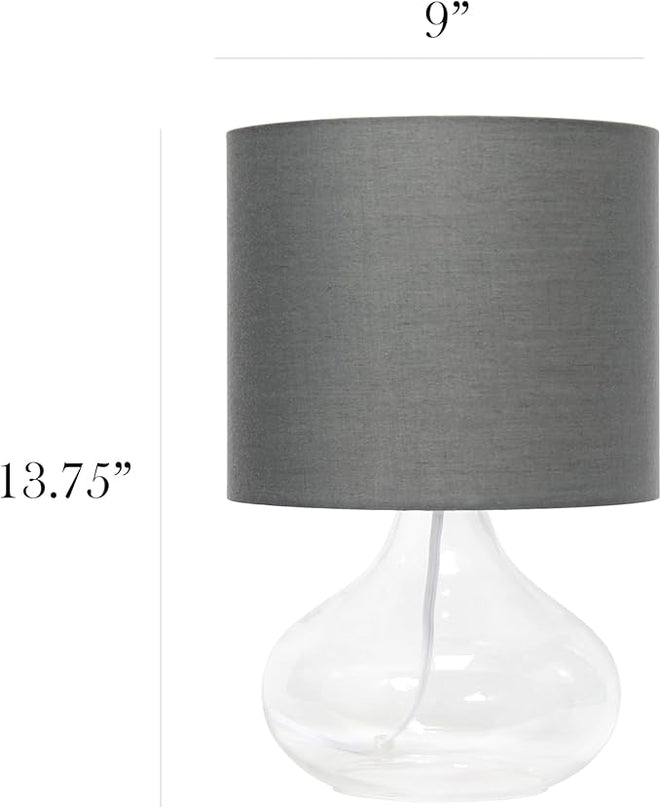 Simple Designs LT2063-CLG Small Glass Raindrop Bedside Table Lamp with Gray Fabric Shade, Clear - LeafyLoom