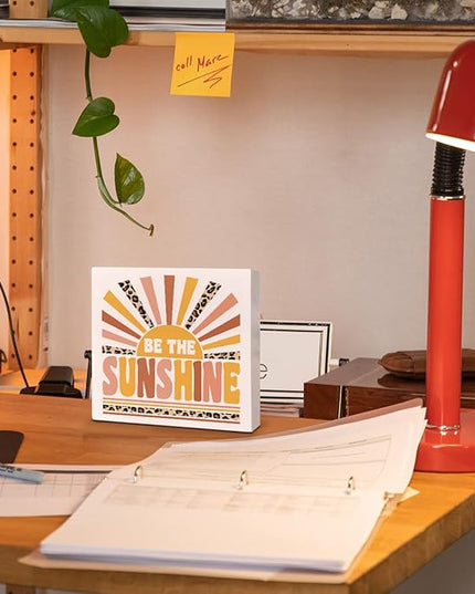 Home Office Desk Wooden Box Sign Decor, Be The Sunshine, Inspirational Quotes Desk Decor Motivational Desk Decorations for Women Girls Teens Student Office Classroom School - LeafyLoom