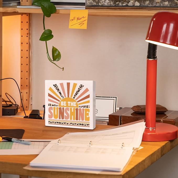 Home Office Desk Wooden Box Sign Decor, Be The Sunshine, Inspirational Quotes Desk Decor Motivational Desk Decorations for Women Girls Teens Student Office Classroom School - LeafyLoom