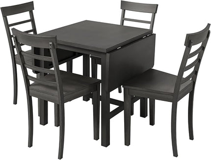 Merax Wood Breakfast Nook Extendable Dining Table Set with 4 Ladder Back Chairs for Small Places, 5-Piece Square Drop Leaf, Gray - LeafyLoom