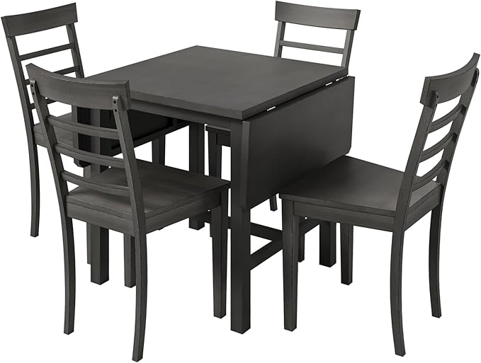 Merax Wood Breakfast Nook Extendable Dining Table Set with 4 Ladder Back Chairs for Small Places, 5-Piece Square Drop Leaf, Gray - LeafyLoom