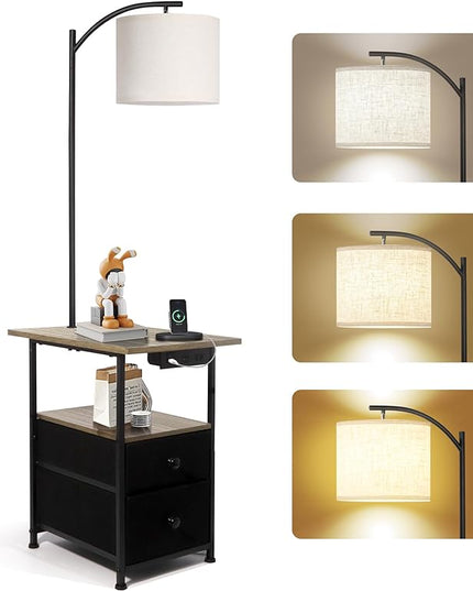 PESRAE Floor Lamp with Table & 2 Drawers, End Table with 3 Color Temperature Reading Light, Side Table Lamp with USB & Type C & AC Charging Port for Living Room, Home Office - LeafyLoom