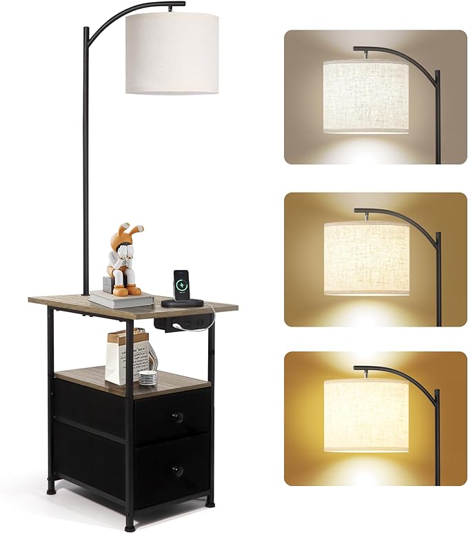 PESRAE Floor Lamp with Table & 2 Drawers, End Table with 3 Color Temperature Reading Light, Side Table Lamp with USB & Type C & AC Charging Port for Living Room, Home Office - LeafyLoom