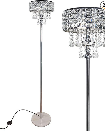Modern K9 Clear Glass Crystals Floor Lamp with 3 LED Bulbs, On/Off Foot Switch, Crystal & Glass 3-Lights Standing Light, Reading Corner Lamp for Office Cafe, Living Room Bedroom (Chrome) - LeafyLoom