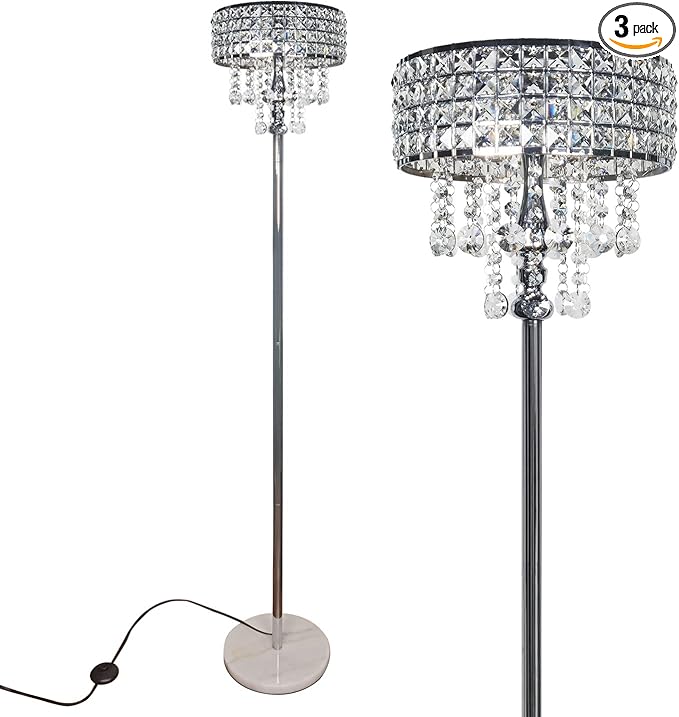 Modern K9 Clear Glass Crystals Floor Lamp with 3 LED Bulbs, On/Off Foot Switch, Crystal & Glass 3-Lights Standing Light, Reading Corner Lamp for Office Cafe, Living Room Bedroom (Chrome) - LeafyLoom