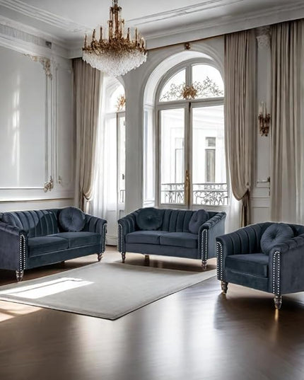 Velvet Modern Living Room Couch 3 Piece with Scroll Arms and Nailhead, includes 2 Love-seat Chair & Armchair, Sofa and Loveseat Set Black - LeafyLoom