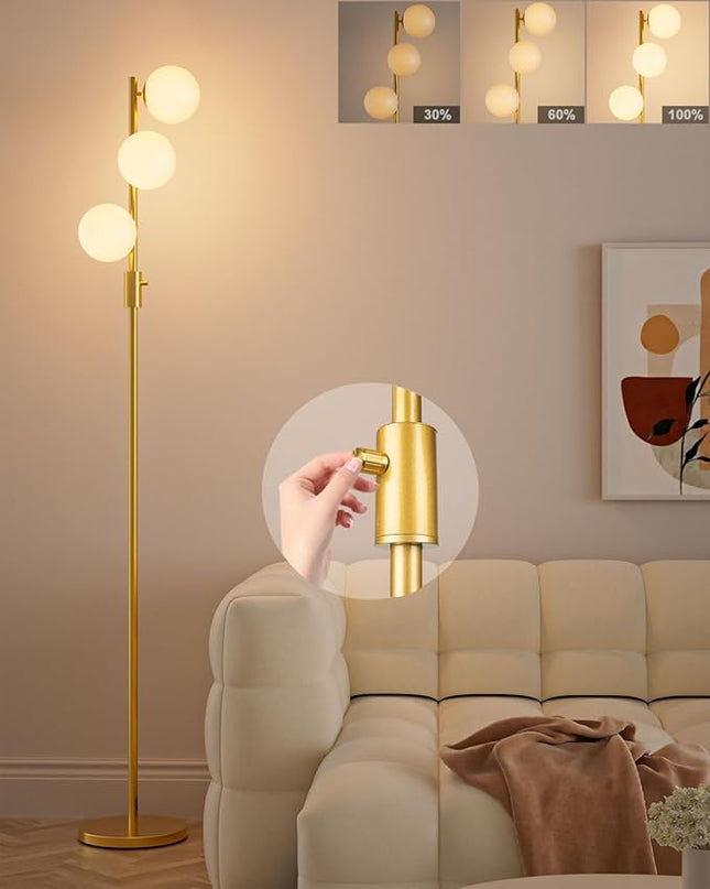 Lightdot Dimmable (Brightness Adjustable) Globe Floor Lamp, Gold Pole Standing Lamps with 3PCS 3000K G9 Bulbs, Mid Century Modern Floor Lamp for Living Room - LeafyLoom