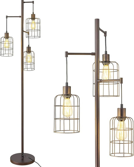 Upgraded Stepless Dimmable Tree Floor Lamp, 3 LED Edison Bulbs Included, ELYONA Farmhouse 71” Tall Pole Reading Standing Light with Industrial Cage Metal Shade for Bedroom, Living Room, Office, Bronze - LeafyLoom