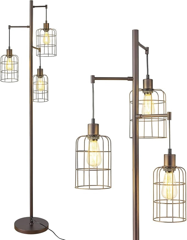 Upgraded Stepless Dimmable Tree Floor Lamp, 3 LED Edison Bulbs Included, ELYONA Farmhouse 71” Tall Pole Reading Standing Light with Industrial Cage Metal Shade for Bedroom, Living Room, Office, Bronze - LeafyLoom