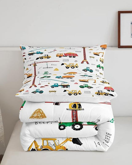 Feelyou Heavy Machinery Truck Bedding Set Tractor Crane Comforter Set for Kids Boys Girls Youth Construction Site Comforter Nursery Decor Quilt Set Room 2Pcs Twin Size - LeafyLoom
