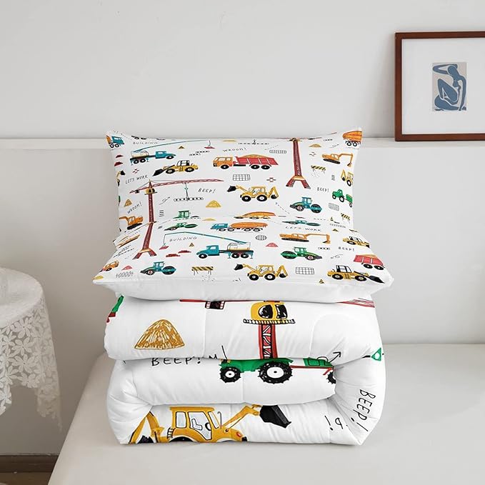 Heavy Machinery Truck Bedding Set Tractor Crane Comforter Set for Kids Boys Girls Youth Construction Site Comforter Nursery Decor Quilt Set Room 3Pcs Full Size - LeafyLoom