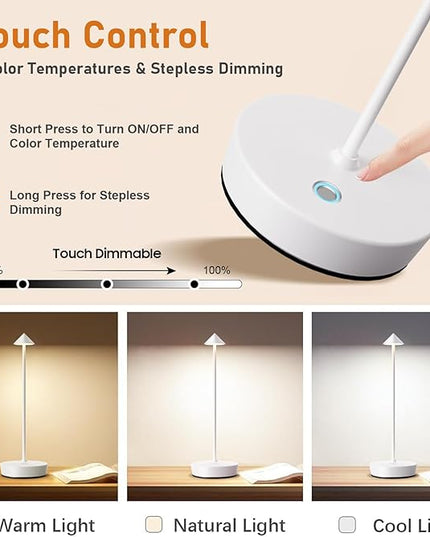 Set of 2 Rechargeable Cordless Table Lamp,6000mAh LED Battery Operated Desk Lamp Touch 3 Color Dimming Portable Outdoor Waterproof Table Light for Patio/Restaurant/Dining/Home (White) - LeafyLoom