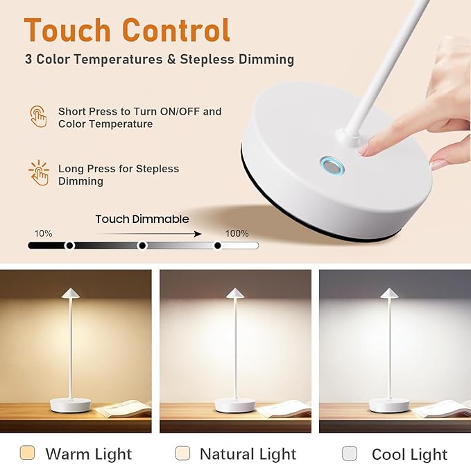 Set of 2 Rechargeable Cordless Table Lamp,6000mAh LED Battery Operated Desk Lamp Touch 3 Color Dimming Portable Outdoor Waterproof Table Light for Patio/Restaurant/Dining/Home (White) - LeafyLoom