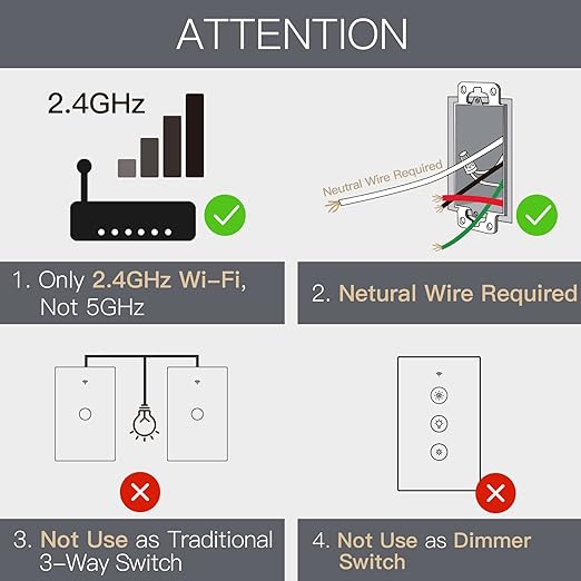 MOES 2.4GHz WiFi Wall Touch Smart Switch Neutral Wire Required, 3 Way Multi-Control, Glass Panel Light Switch Work with Smart Life/Tuya App, RF433 Remote Control, Alexa and Google Home White 1 Gang MOES