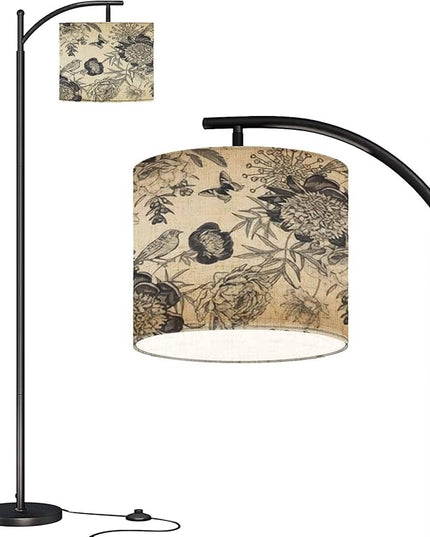 Modern Arc Floor Lamp with Dimmer Mid Century Luxury for creating textiles paper Seamless garden flowers peonies Metal Standing Lamp with Linen Shade Footswitch for Living Room Bedroom Office - LeafyLoom