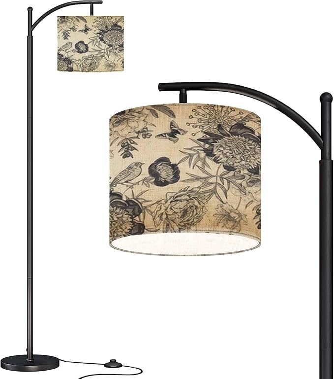 Modern Arc Floor Lamp with Dimmer Mid Century Luxury for creating textiles paper Seamless garden flowers peonies Metal Standing Lamp with Linen Shade Footswitch for Living Room Bedroom Office - LeafyLoom