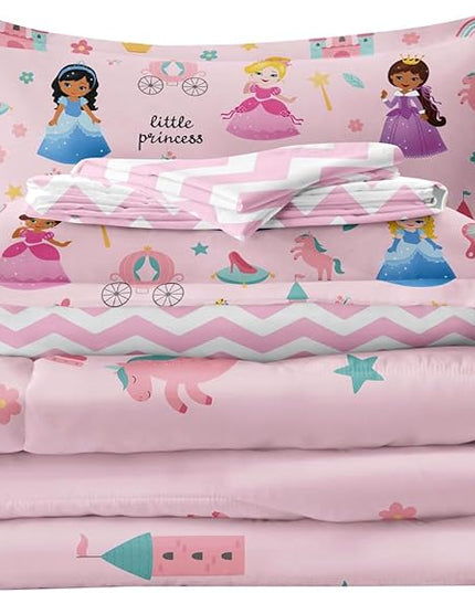 Kids Magical Princess Comforter Set Bed in a Bag Twin Size- 5 Piece Soft Cute Castle Bedding Set for Girls (1 Comforter, 1 Flat Sheet, 1 Fitted Sheet, 2 Pillowcases), Pink - LeafyLoom