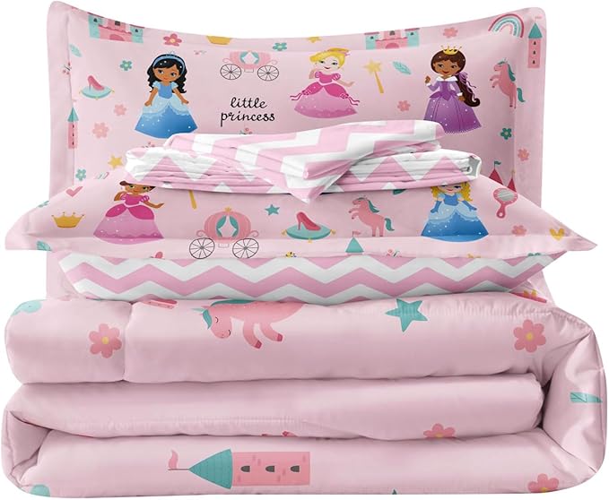 Kids Magical Princess Comforter Set Bed in a Bag Full Size- 5 Piece Soft Cute Castle Bedding Set for Girls (1 Comforter, 1 Flat Sheet, 1 Fitted Sheet, 2 Pillowcases), Pink - LeafyLoom