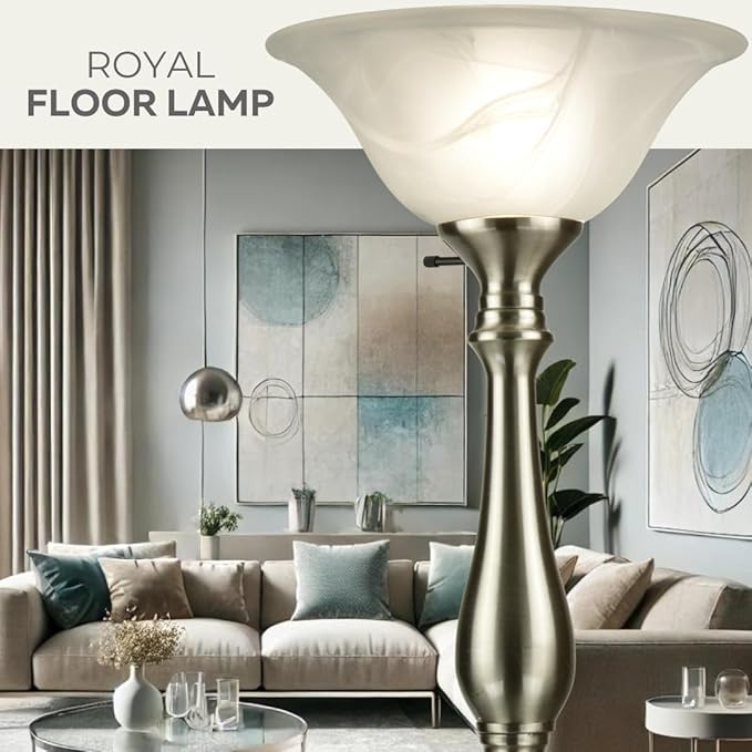 LIGHTACCENTS Floor Lamp, Standing Lamp 72-inch Tall Lamp Brushed Nickel White Alabaster Glass Shade - Torchiere, Pole Lamp, Corner Lamp, Floor Lamps for Living Room, Standing Lamps for Bedroom - LeafyLoom