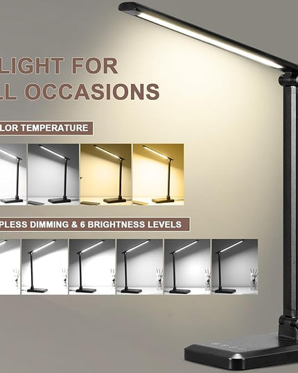 LED Desk Lamp with USB Charging Port Whole White for Home Office Essentials Table Lamp with Eye-Caring 4 Color Temperature Touch Control Stepless Dimming Desk Light for College Dorm - LeafyLoom