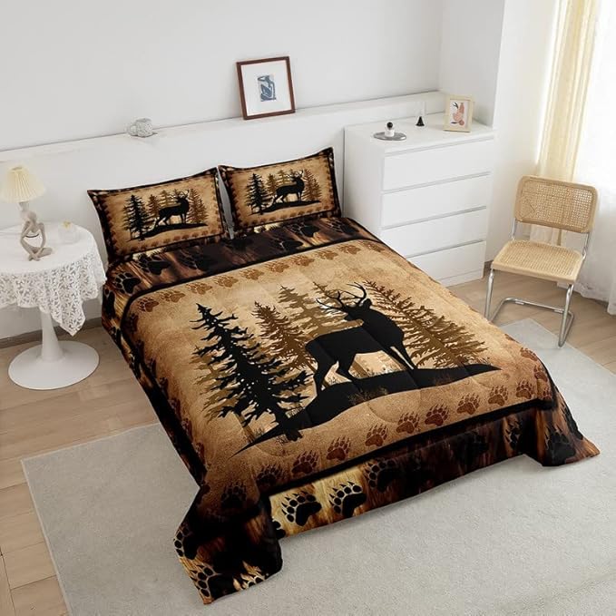 Feelyou Cute Deer Comforter Set for Girls Boys Kids Deer Hunting Bedding Set Room Decorative Bear Paw Print Tree Pattern Bedding Set Exotic Style Brown Duvet Set Queen Size 3Pcs Quilt Set - LeafyLoom