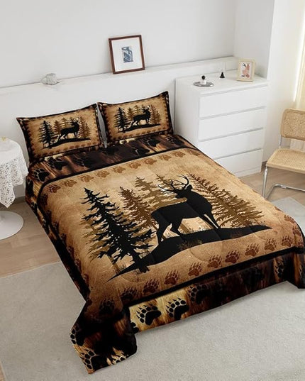 Cute Deer Comforter Set for Girls Boys Kids Deer Hunting Bedding Set Room Decorative Bear Paw Print Tree Pattern Bedding Set Exotic Style Brown Duvet Set Full Size 3Pcs Quilt Set - LeafyLoom