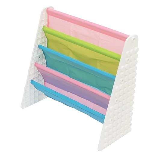 UNiPLAY Kids 4-Tier Book Storage Organizer with Sling Book Pockets, Plastic Sling Rack Bookshelf for Playroom, Fits Blocks, White/Pastel - LeafyLoom