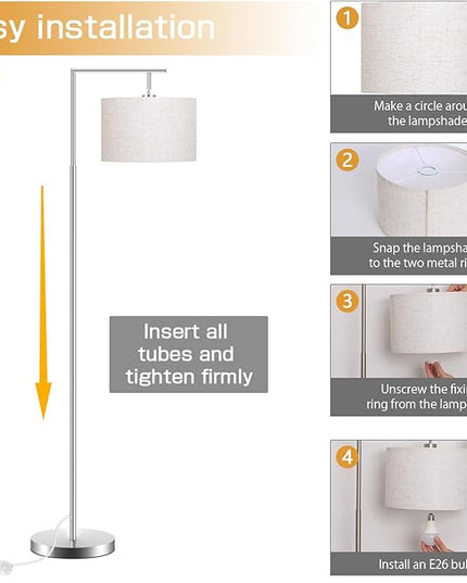 FAGUANGAO Silver Floor Lamp with 3 Color Tempratures LED Bulb, Modern Standing Lamp with Hanging Drum Shade for Living Room, Bedroom, Study Room, Office(Bulb Included) - LeafyLoom