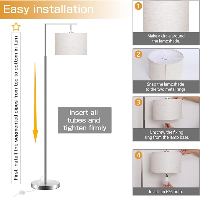 FAGUANGAO Silver Floor Lamp with 3 Color Tempratures LED Bulb, Modern Standing Lamp with Hanging Drum Shade for Living Room, Bedroom, Study Room, Office(Bulb Included) - LeafyLoom