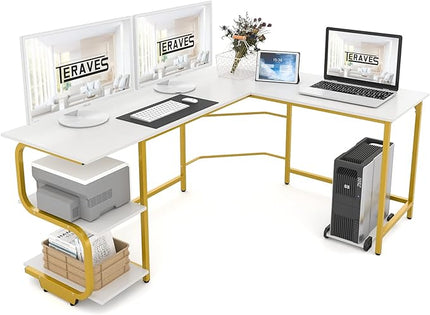 Teraves Reversible L Shaped Desk with Shelves Round Corner Computer Desk Gaming Table Workstation for Home Office (Large, White + Gold Frame) - LeafyLoom
