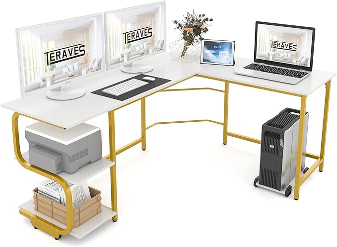 Teraves Reversible L Shaped Desk with Shelves Round Corner Computer Desk Gaming Table Workstation for Home Office (Large, White + Gold Frame) - LeafyLoom
