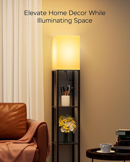 PAZZO Floor Lamp with Shelves by Solid Wood, Modern Shelf Floor Lamp with 3 Color Temperature, Linen Lampshade and Storage Shelves for Living Room, Bedroom, Bulb Included(Black) - LeafyLoom