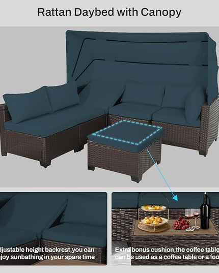 6 PCS Outdoor Patio Furniture Set,Sectional Sofa Set,Rattan Daybed with Retractable Canopy,Adjustable Backrest,Storage Coffee Table,Chaise Chair Sunbed for Garden Poolside Backyard(Sky Blue) - LeafyLoom