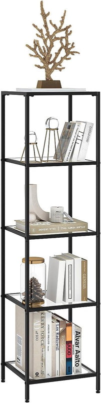 5-Tier Bookshelf,Metal Bookcase,Tempered Glass Shelves,Storage Rack Shelf for Home Office,Living Room,Bedroom, Bathroom,Modern Style, Black - LeafyLoom